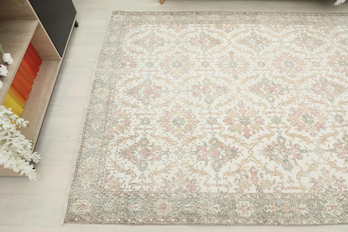 Another corner view of the rug, showing its placement next to a console table