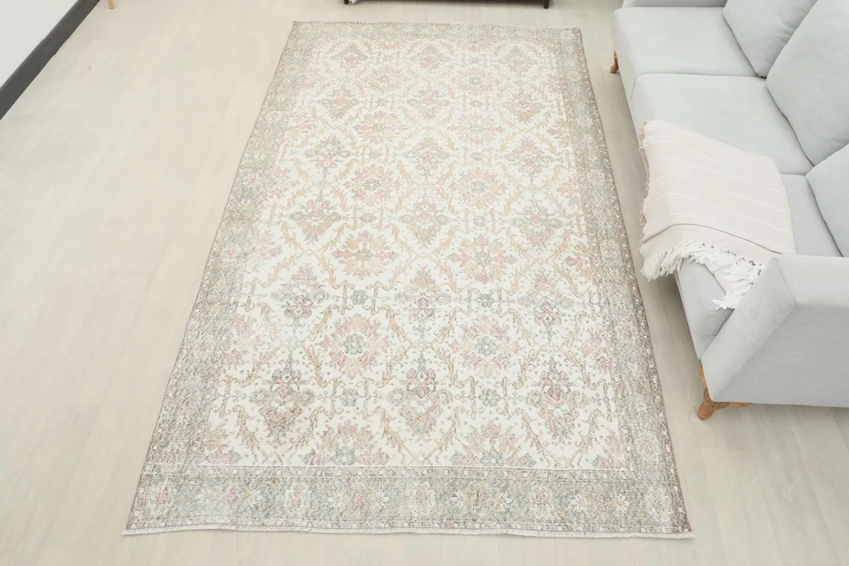 Overhead view of the rug in a living room, showcasing its full size and design