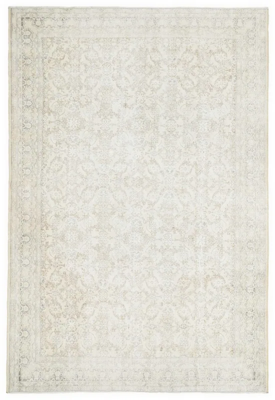 Full top view of the 7'11" x 11'11" ivory and beige vintage Anatolian rug on a white background.