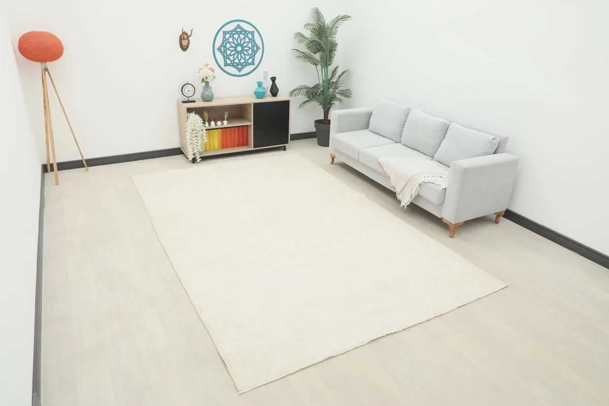 Ivory vintage area rug displayed in a bright room with a light gray sofa and modern decor.