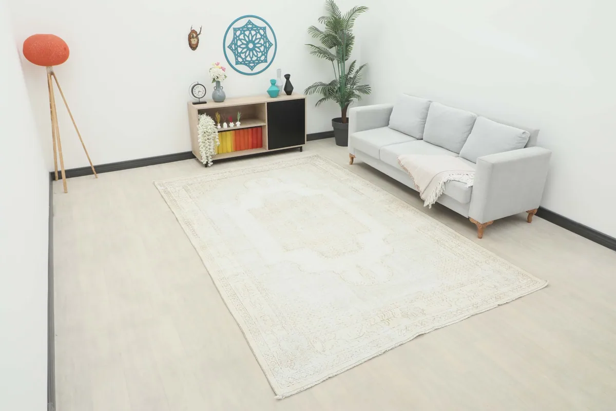 Large ivory and tan area rug displayed in a bright living room setting with a sofa and decor
