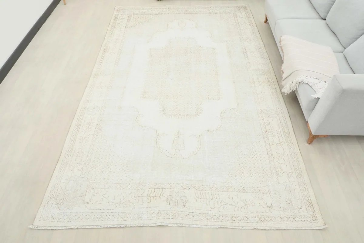 Full room view of the ivory and tan area rug, providing a sense of its scale and placement