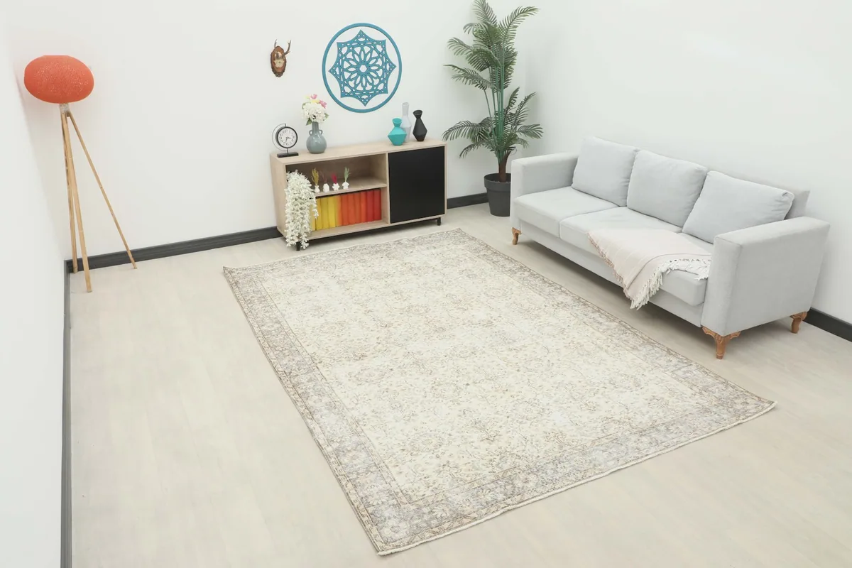 Vintage ivory and gray area rug placed in a modern living room setting with a sofa and decor.