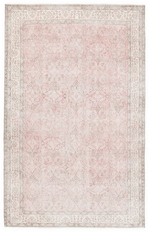 Full top view of the 6x10 rose and gray vintage Anatolian area rug on a white background.