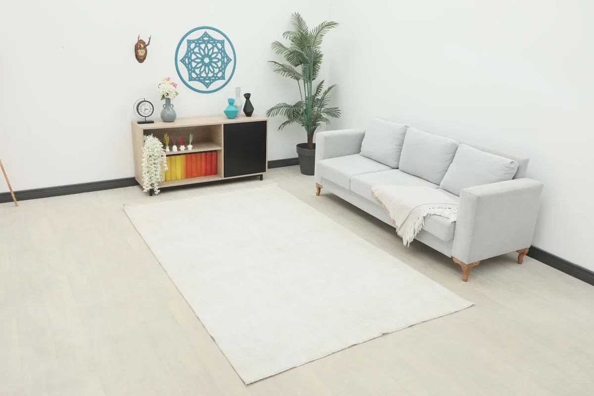 Ivory vintage area rug placed in a modern living room setting with a light gray sofa and wooden cabinet.