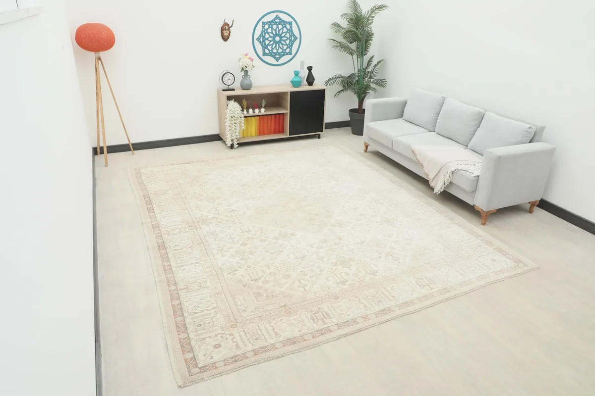 Large cream rug displayed in a modern living room setting with a light gray couch.