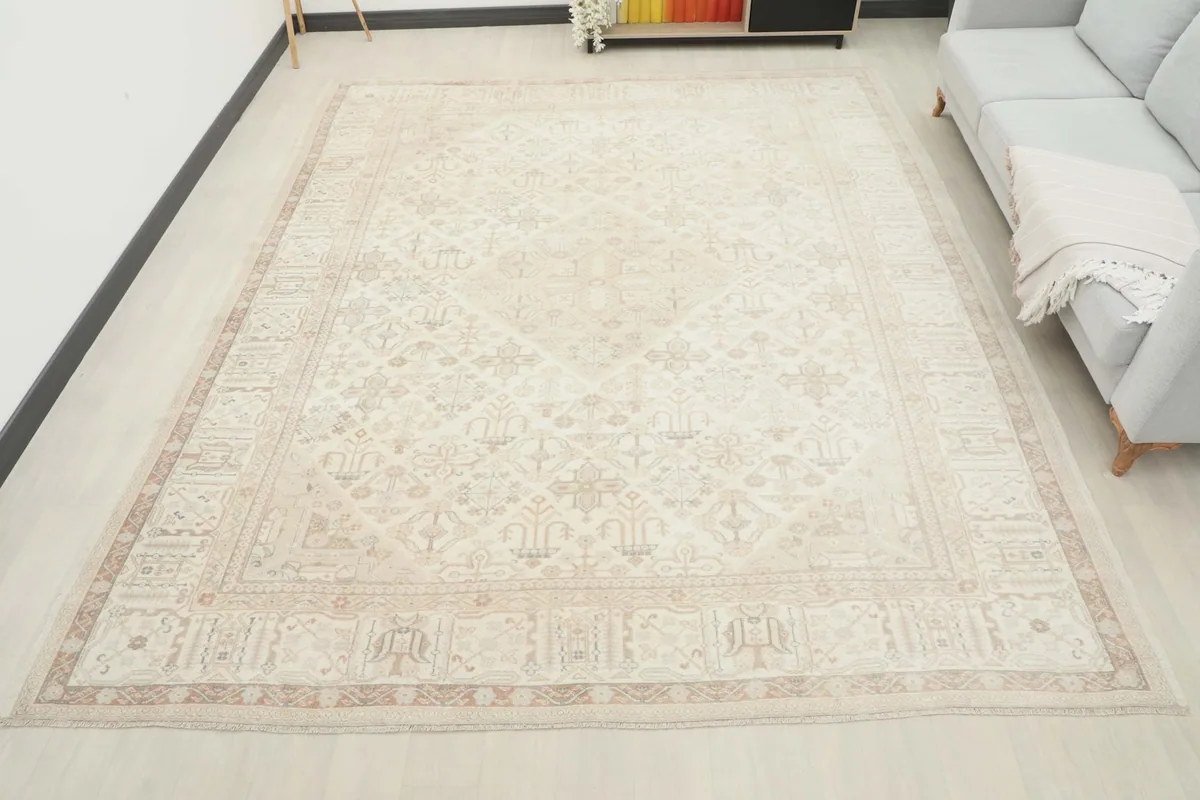 Full view of the cream area rug laid out in a contemporary room with a sofa.