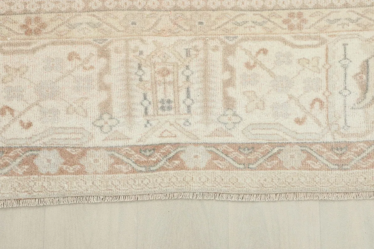 Detailed view of the rug's edge, showing the outer border and fringe.