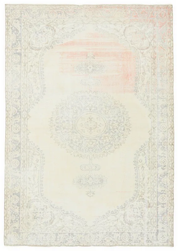 Full overhead view of the 6'11" x 9'9" cream and gray vintage Anatolian rug with a central medallion