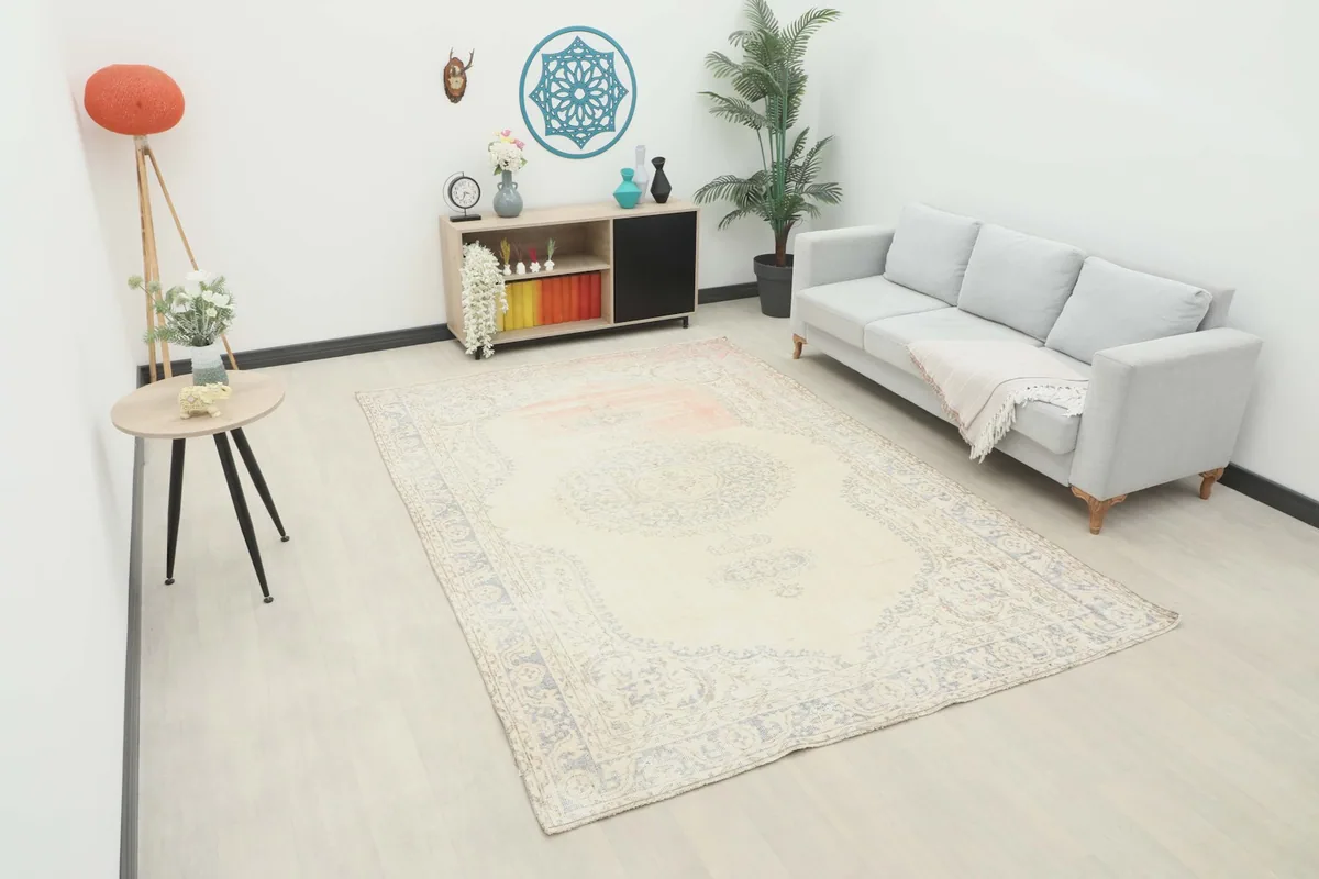 Vintage cream and gray rug displayed in a bright living room setting with a sofa and side table