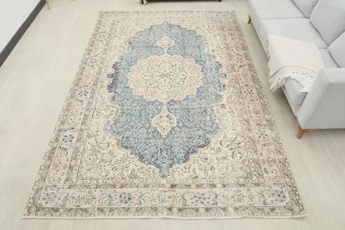 Full room view of the vintage runner rug, demonstrating its impact and scale within the living space.