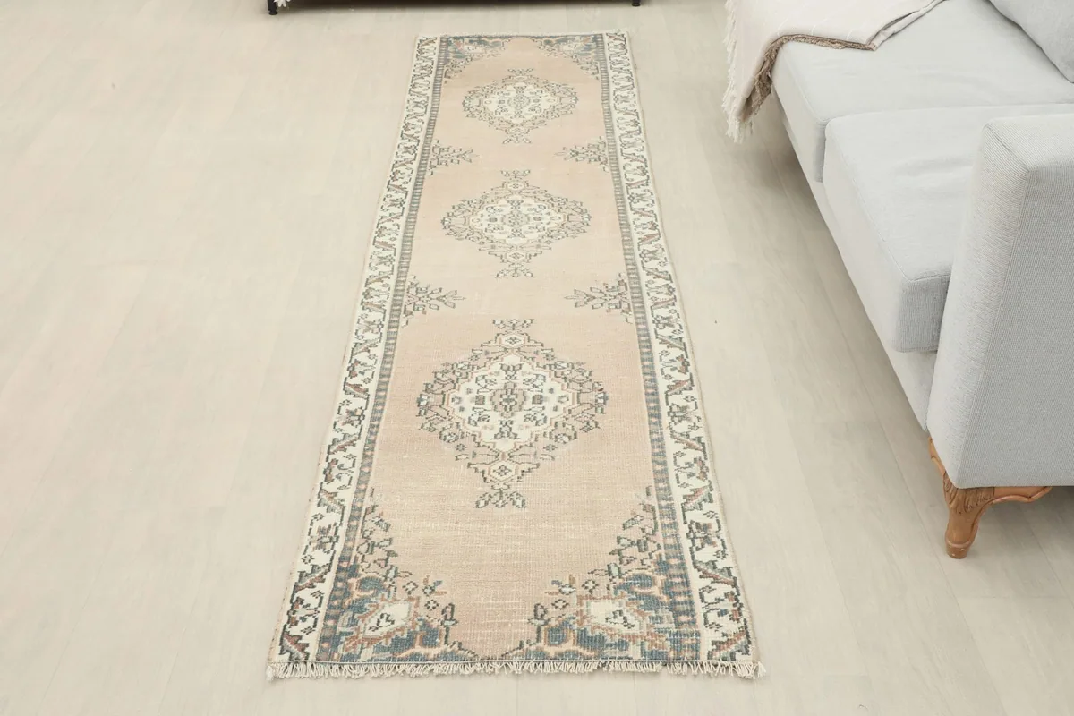 Overhead view of the runner rug in a room, showing its full length and placement.