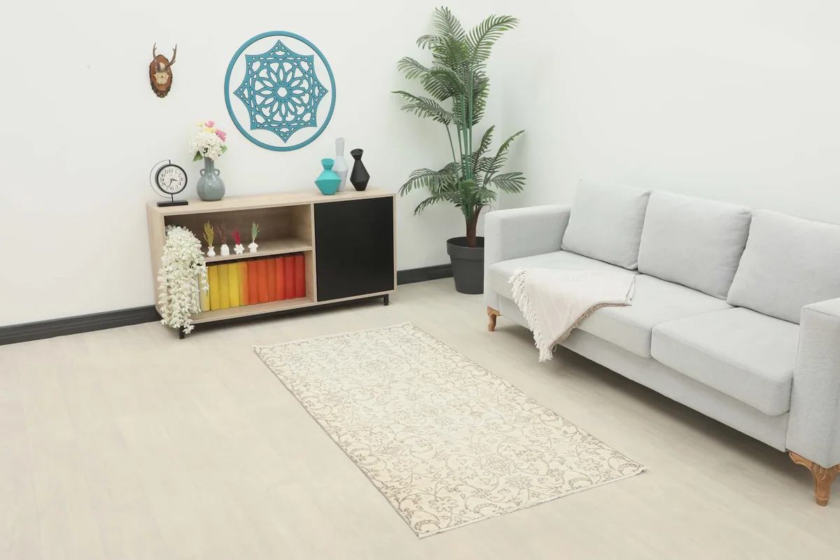 Vintage beige and gray rug placed in a modern living room setting with a light gray sofa.