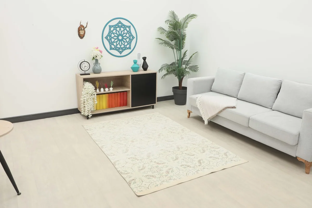 Full room shot with the 4'8" x 6'8" cream rug as a central element, offering a sense of scale and style.