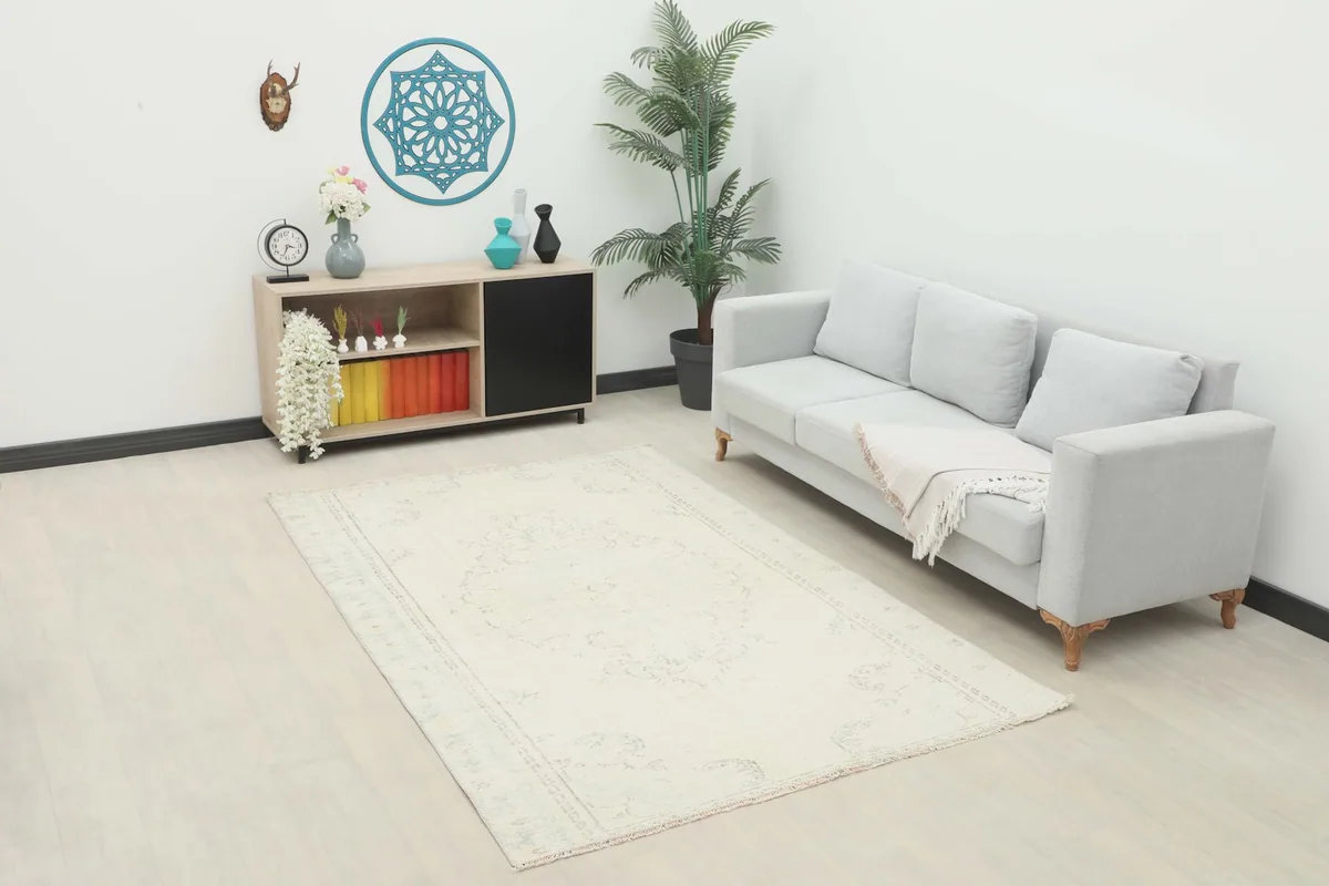 Ivory and gray vintage rug placed in a modern living room setting with a light gray sofa