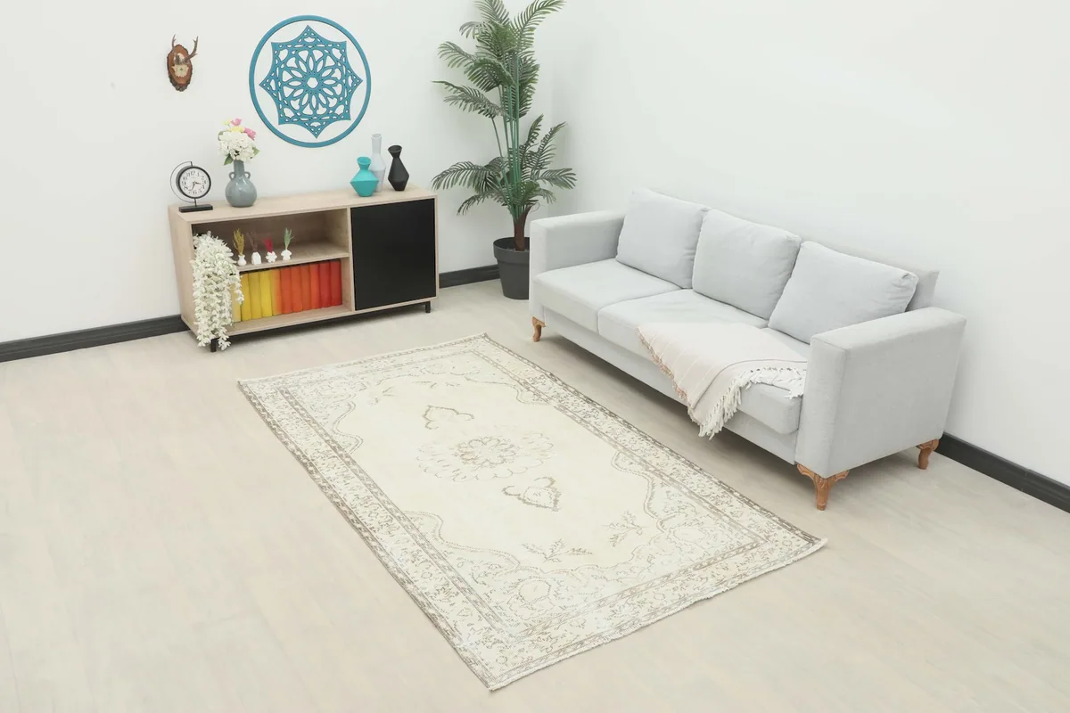 Ivory and gray Anatolian rug displayed in a bright living room setting with a light gray sofa.