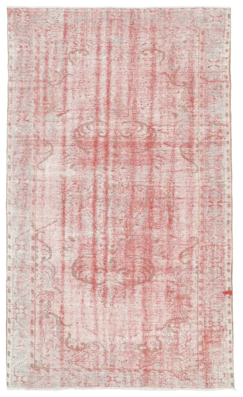 Full top view of the 5'7" x 9'9" rose and gray vintage Anatolian rug on a white background.