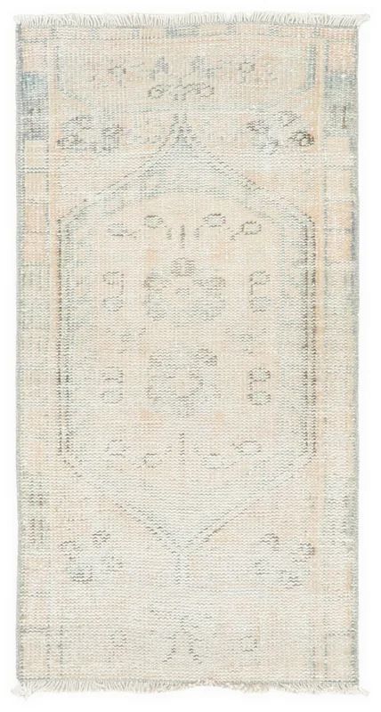 Full top view of the 2'0" x 4'0" ivory and blue vintage Anatolian rug on a white background