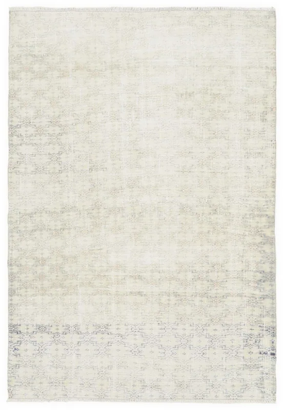 Full top view of the 4'10" x 7'1" ivory and blue vintage Anatolian rug