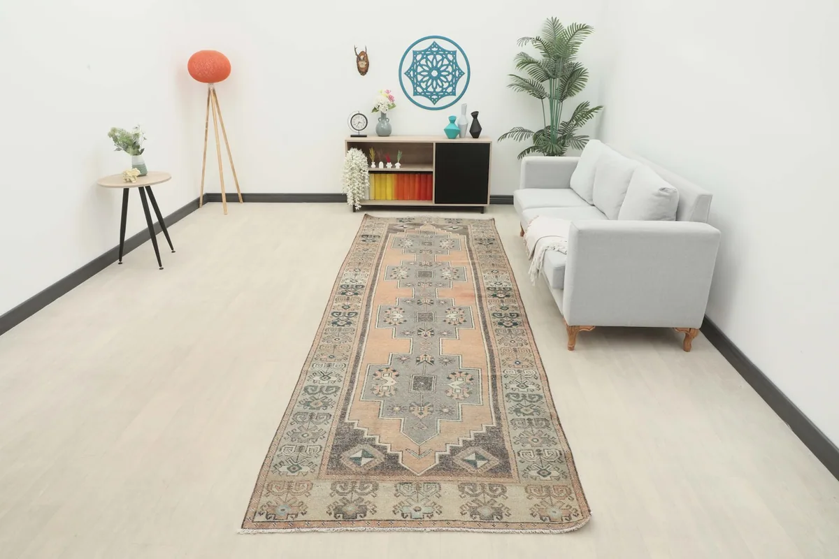 Wide shot of the runner rug in a contemporary living area, demonstrating its fit and aesthetic in a home setting.