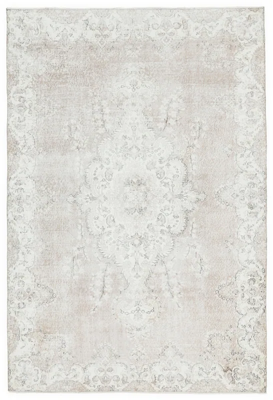 Full top view of the hand-knotted vintage Anatolian rug with tan and ivory patterns on a white background