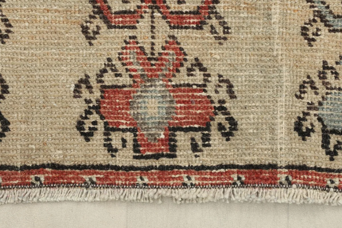Close-up of the rug's beige border with red and black tribal motifs and short fringes