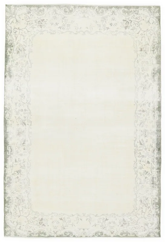 Full top view of the ivory and gray vintage Anatolian area rug