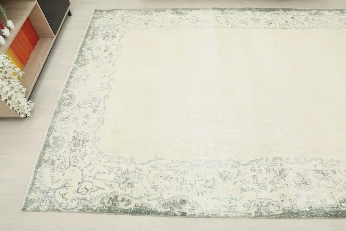 Angled view highlighting the soft colors and border pattern of the large area rug