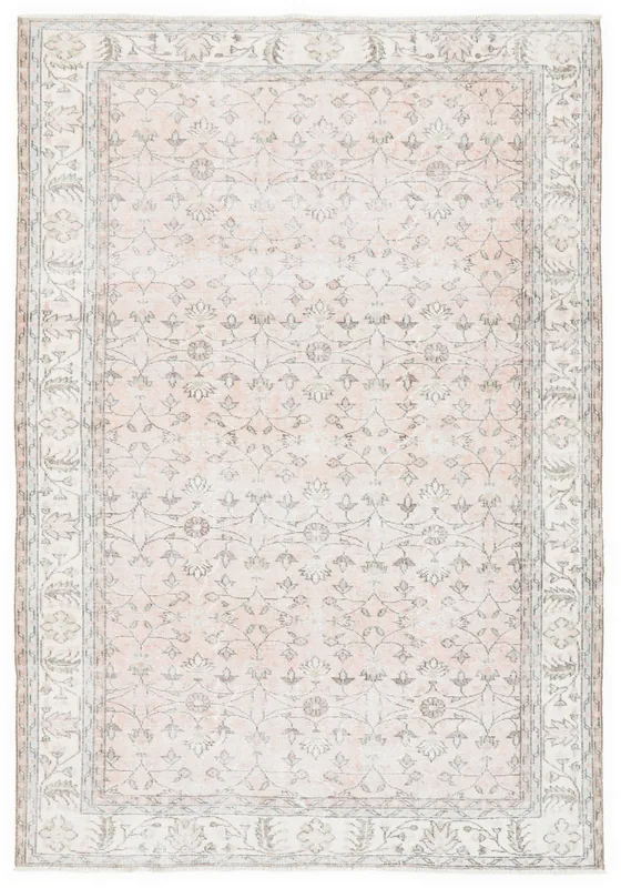 Full top view of the 6x9 soft rose floral vintage Anatolian rug