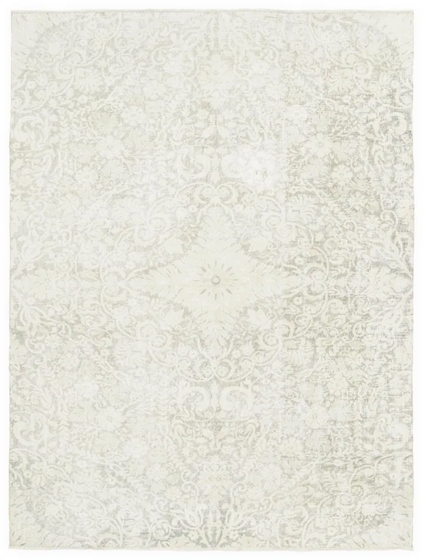 Full overhead view of the 7x9 ivory and gray vintage Anatolian rug with a central medallion