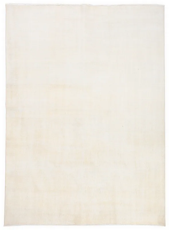 Full top view of the cream 6'4" x 8'10" hand-knotted vintage Anatolian rug on a white background.