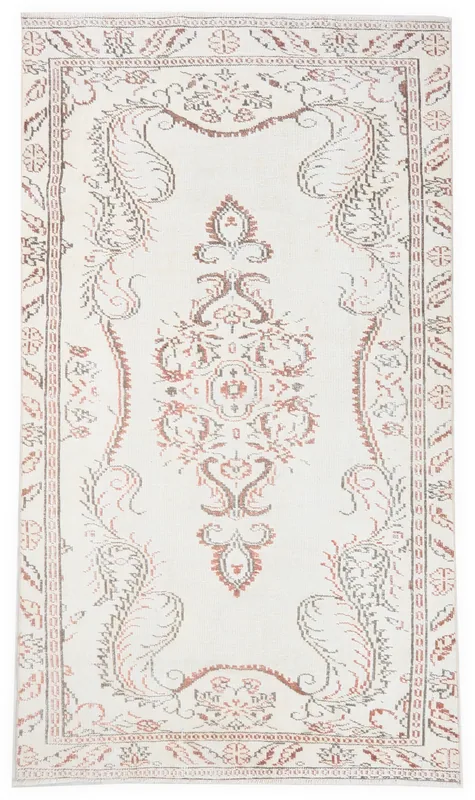 Full overhead view of the 5x8 vintage Anatolian rug with ivory, rust, and gray colors.