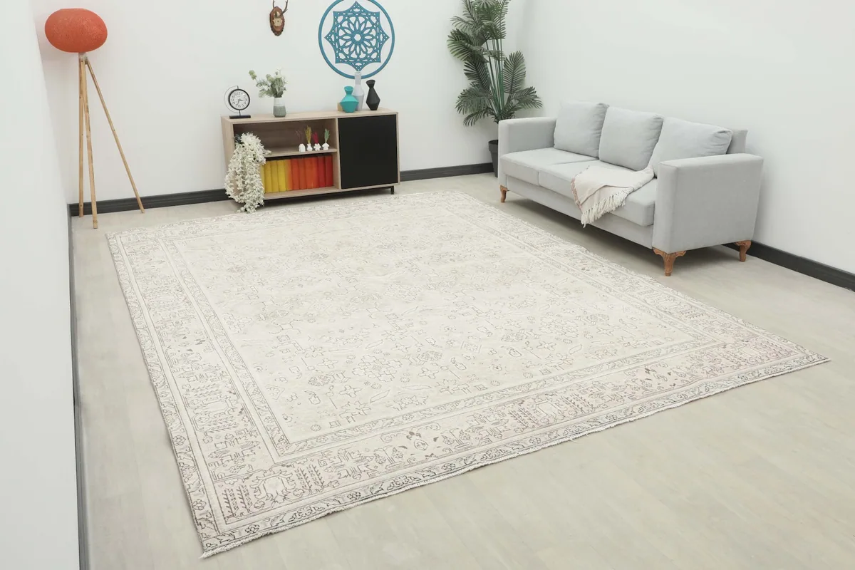 Ivory Persian rug displayed in a room setting with a light gray sofa and modern decor.
