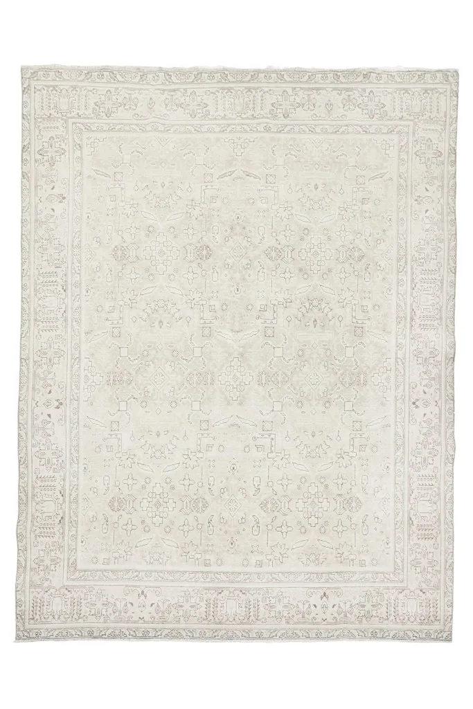 Direct overhead shot of the entire ivory rug, showing its patterns and borders.