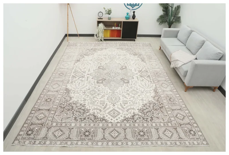Full top view of the beige and gray vintage Persian rug on a white background