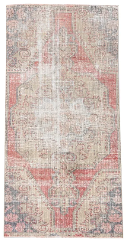 Full top view of the beige and rust vintage Anatolian area rug