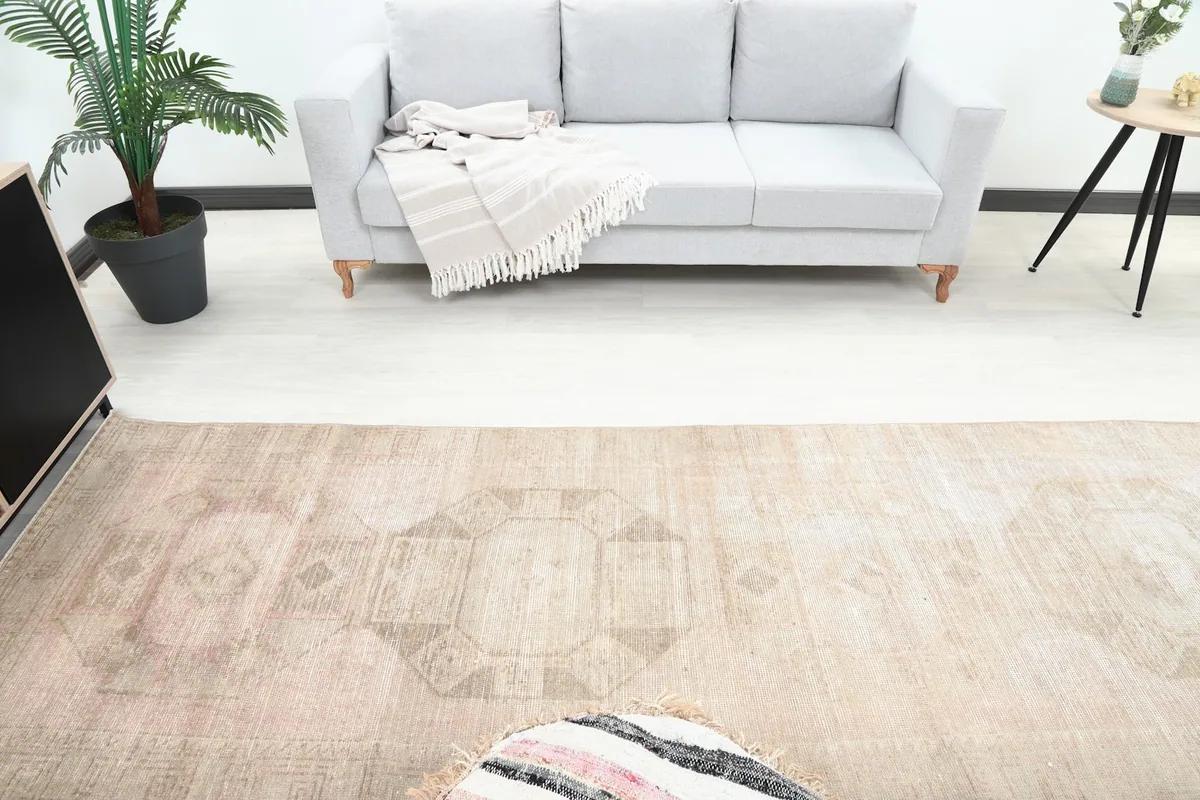 Overhead view of the vintage runner rug in a room, showing its placement relative to furniture