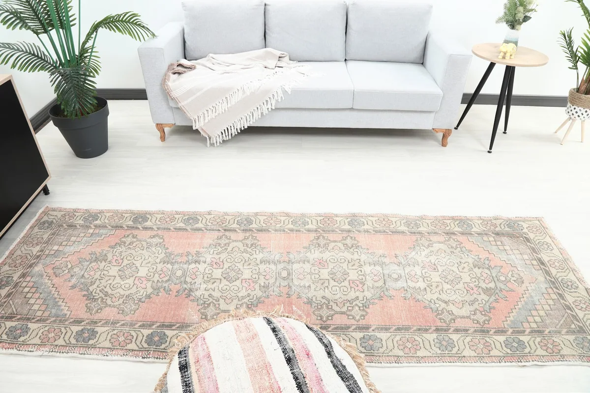 Overhead view of the runner rug in a room, highlighting its full length and pattern
