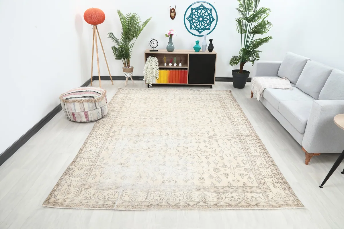 Ivory and gray Anatolian rug in a living room setting with a sofa and plants