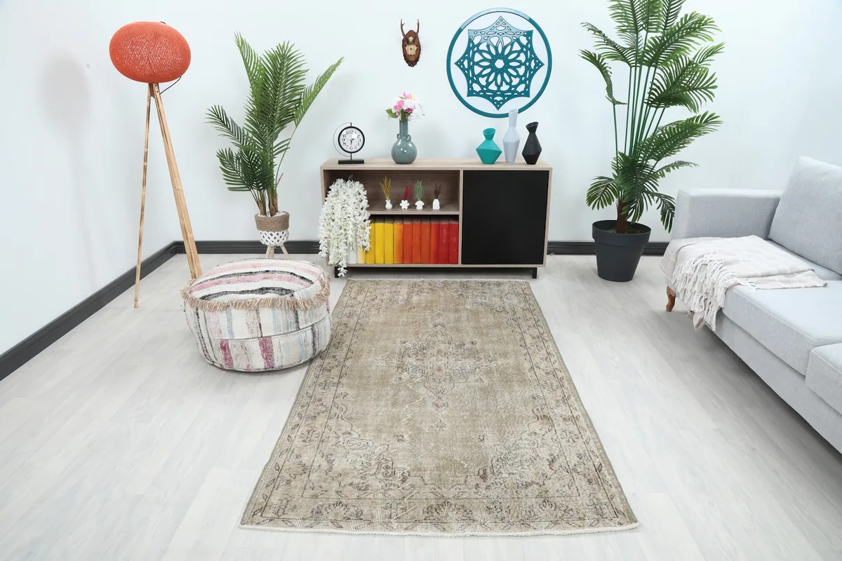 Vintage beige rug displayed in a modern living room setting
