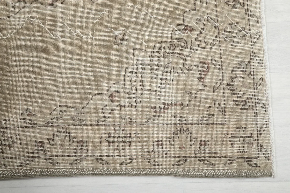 Detailed view of the intricate border pattern on the vintage beige rug