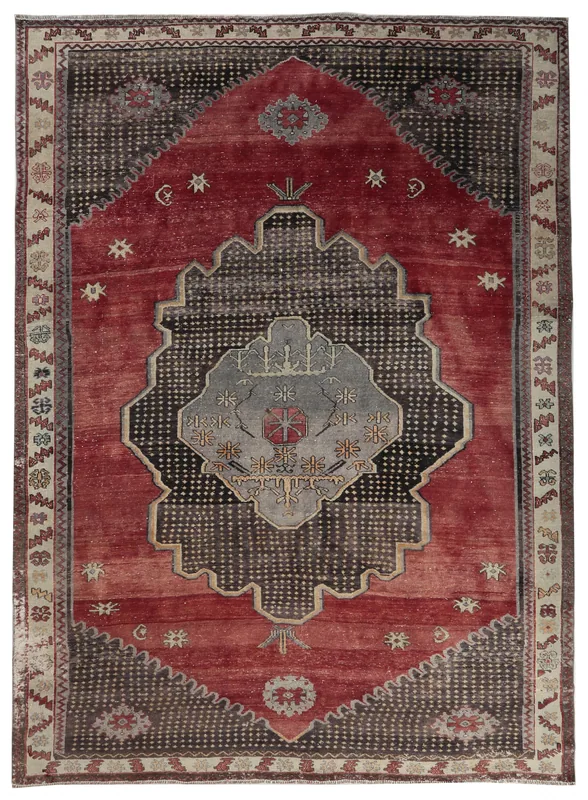 Full top view of the 8x11 vintage red geometric medallion area rug