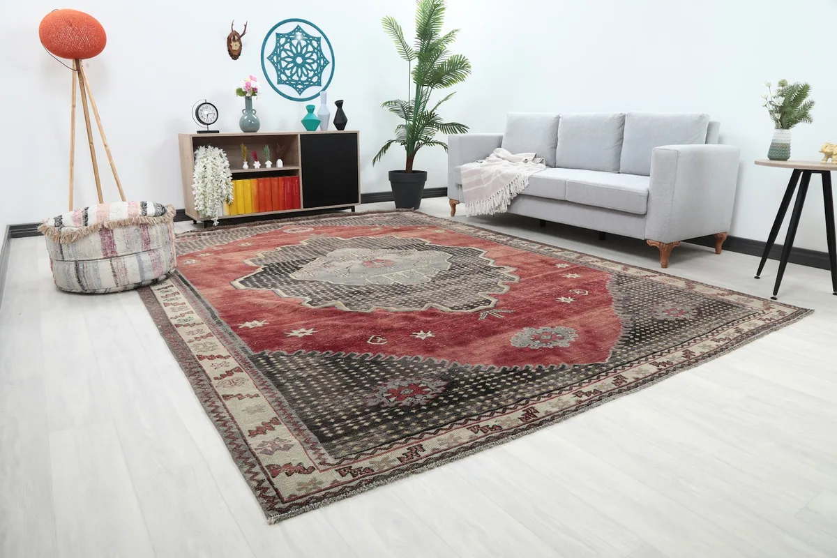 Angle view of the Anatolian rug showing its placement in a modern living space