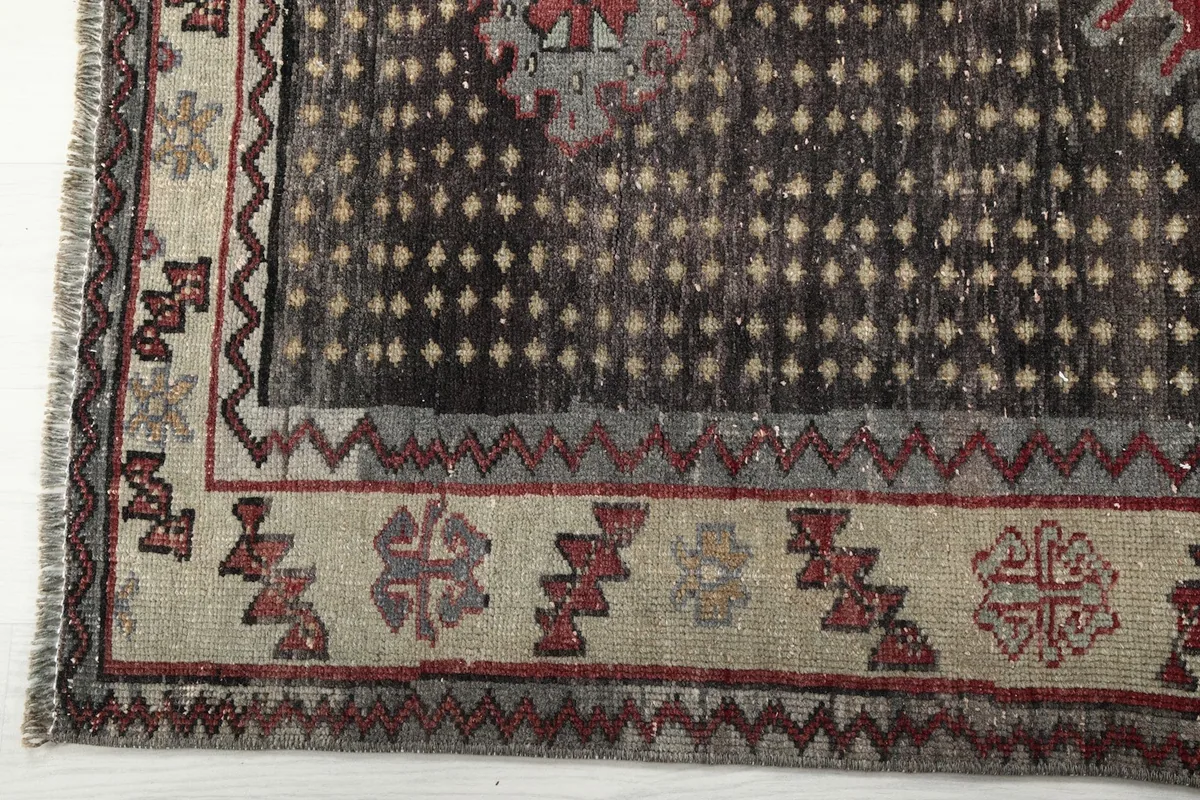 Close-up of the beige and red outer border with tribal patterns