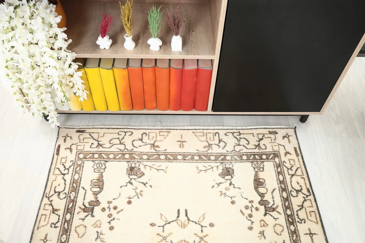 Detail of the rug's border and motifs from an overhead angle, next to a bookshelf