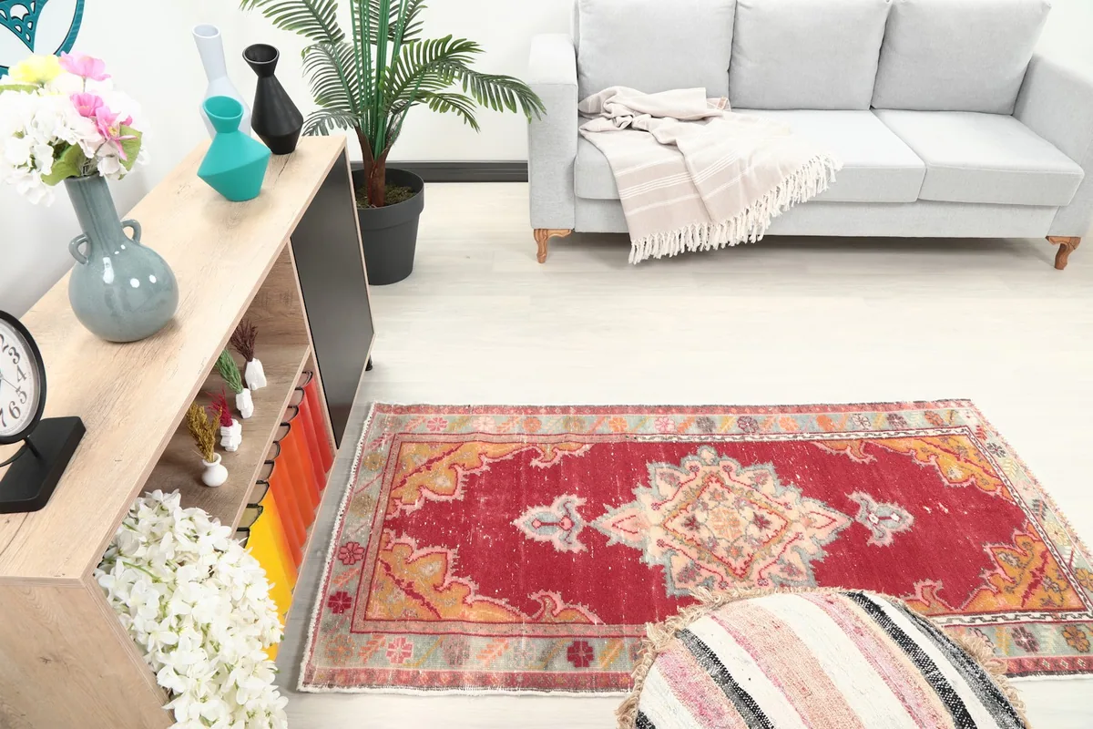 Overhead room view of the rug, highlighting its colors and design within the decor
