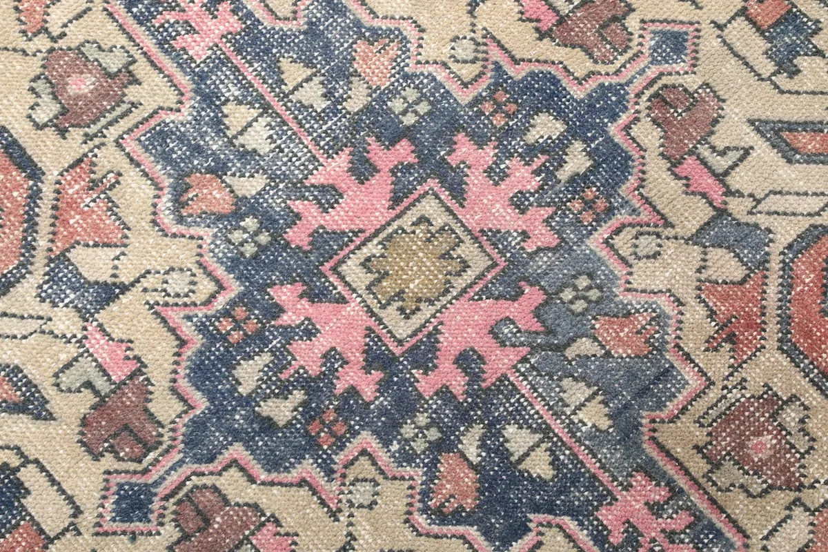 Detailed view of the intricate knotting and color variations within the rug's central design.