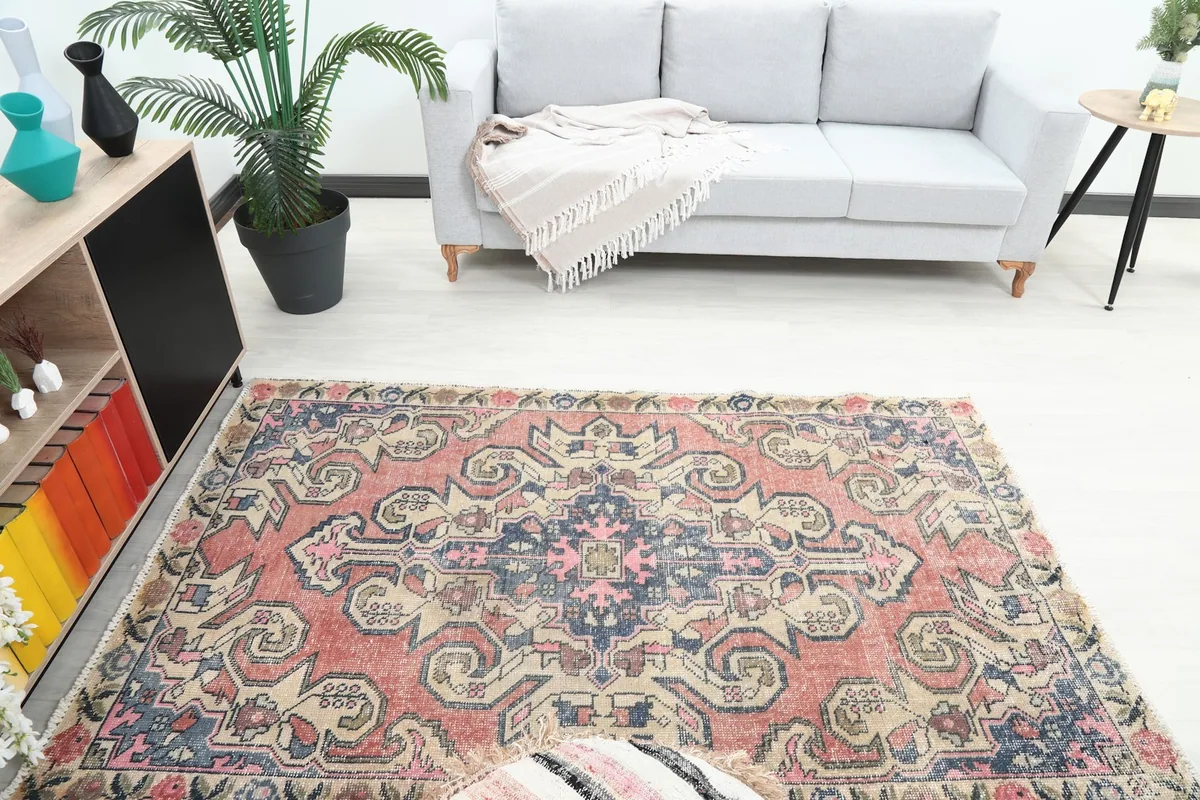 Overhead view showcasing the rug's full design from a higher perspective within the room.