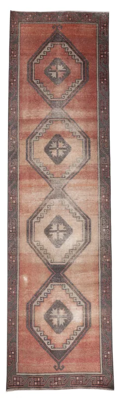 Full top view of the vintage rust and charcoal geometric Anatolian runner rug