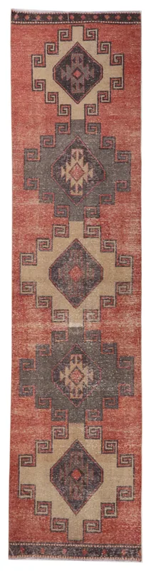 Full top view of the 2'11" x 12'5" vintage Anatolian runner with rust, tan, and charcoal geometric patterns.